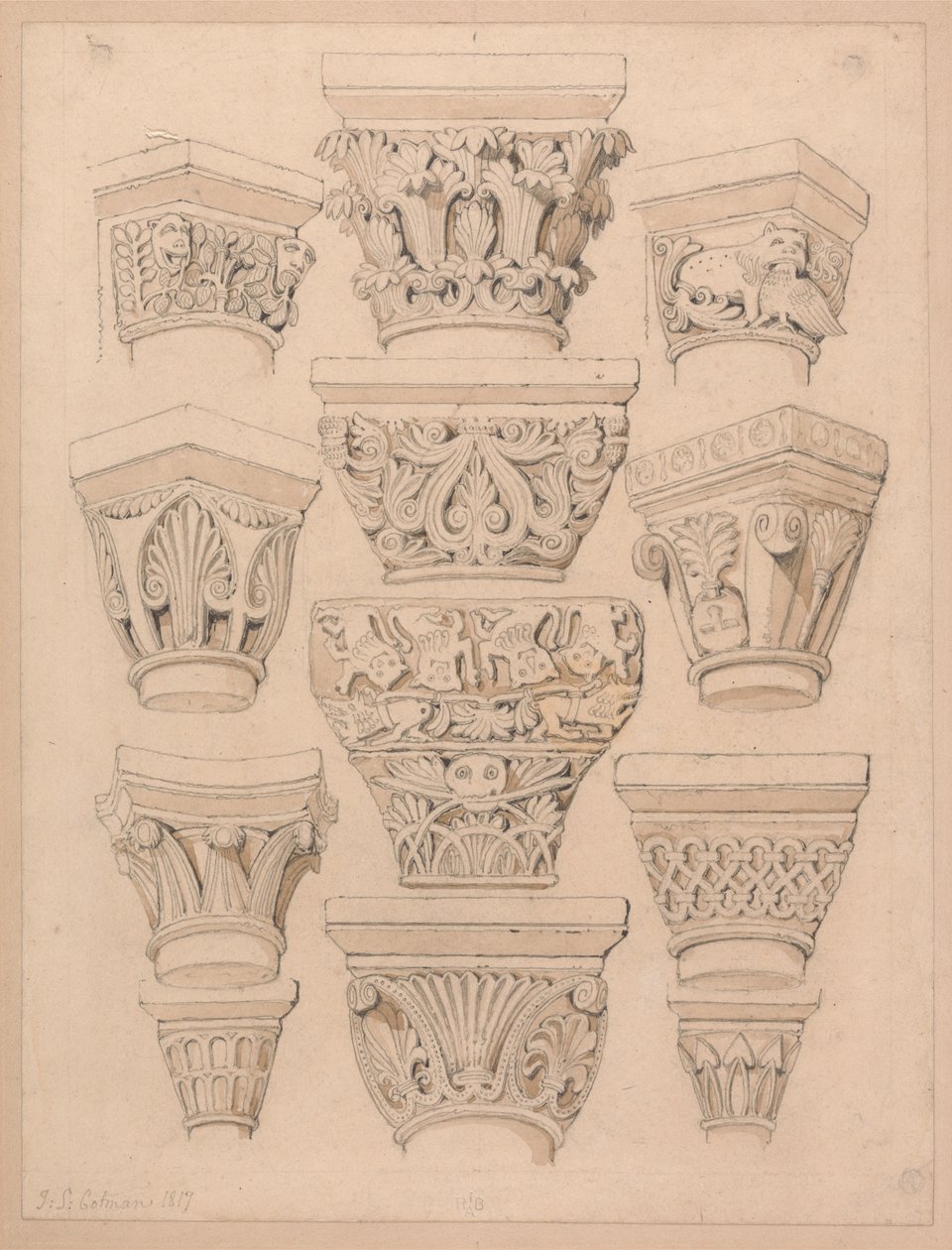 Capitéis da igreja da abadia de São Jorge de Bocherville, perto de Rouen, Normandia de John Sell Cotman