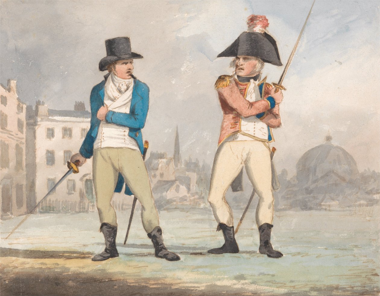 Caricatura de dois homens com espadas desembainhadas (um de um conjunto de três) de John Sell Cotman