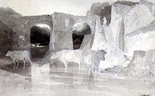 Gado em um rio (caneta e tinta e lavagem) sobre papel de John Sell Cotman