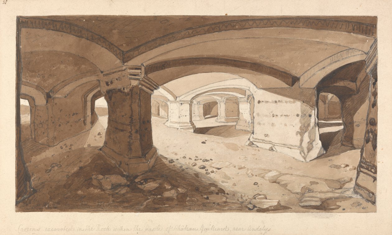 Cavernas Escavadas na Rocha dentro do Castelo de Chateau Gaillard, perto de Andelys, Normandia de John Sell Cotman