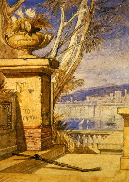 Paisagem Clássica com Urna: um Design para um Frontispício (lápis e aguarela sobre papel) de John Sell Cotman