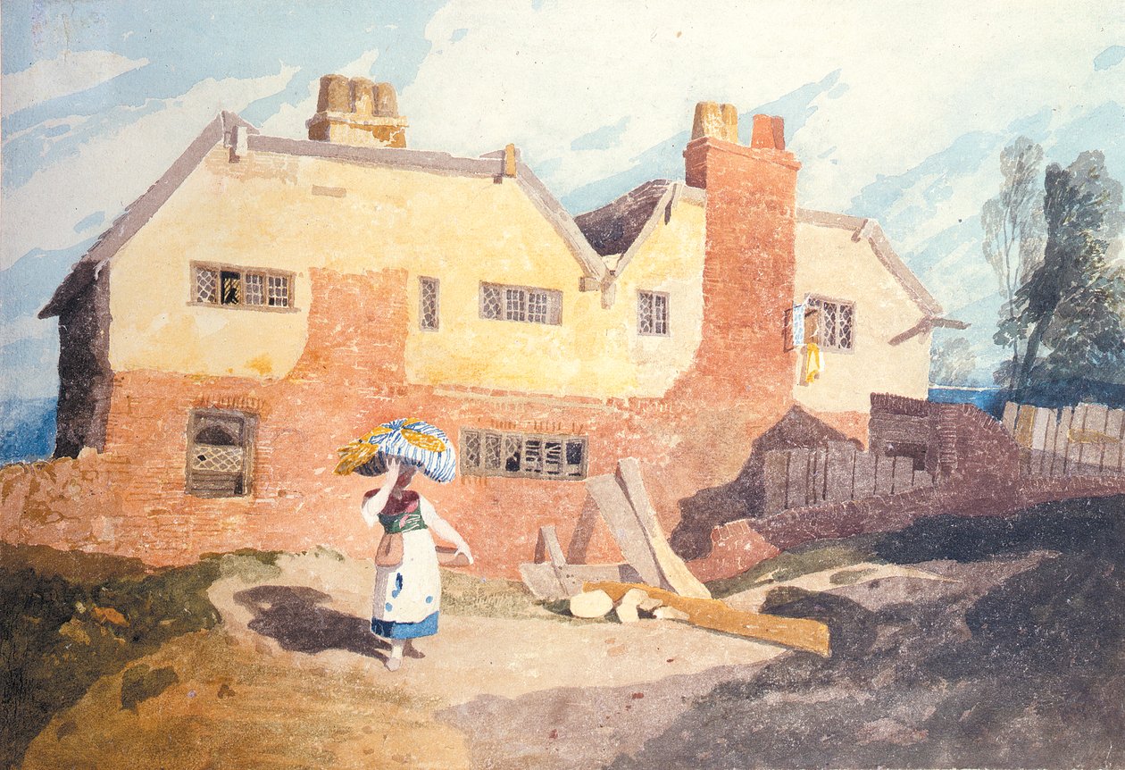 Casas de campo com uma lavadeira (Elm Hill, Norwich) c.1808-9 de John Sell Cotman