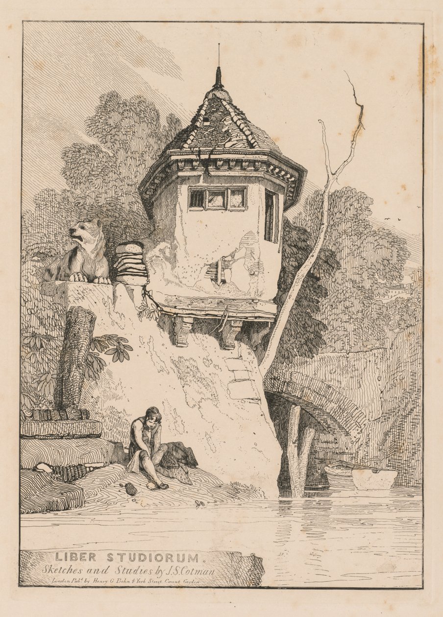 Liber Studiorum; Frontispício, vista de uma casa de jardim às margens do rio Yare de John Sell Cotman