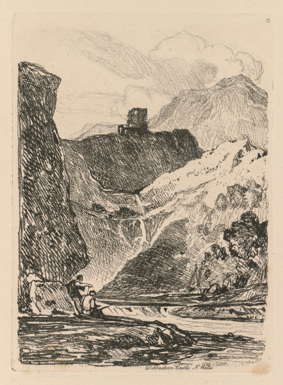 Liber Studiorum: Placa 12, Castelo Dolbadern, Lago Llanberris, North Wales de John Sell Cotman