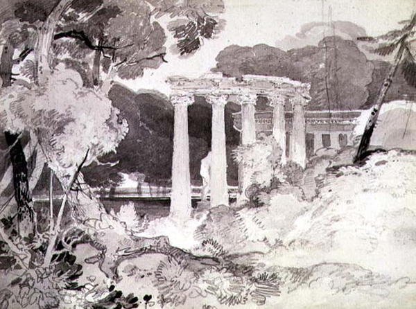 No.1539 Classical Colonnade in a Woody Landscape (lápis e tinteiro indiano lavado em papel) de John Sell Cotman