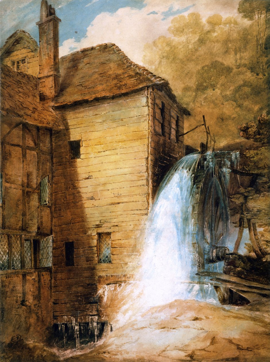 PD.29-1953 Um Moinho Overshot, c.1802-3 (wc e lápis no papel) de John Sell Cotman