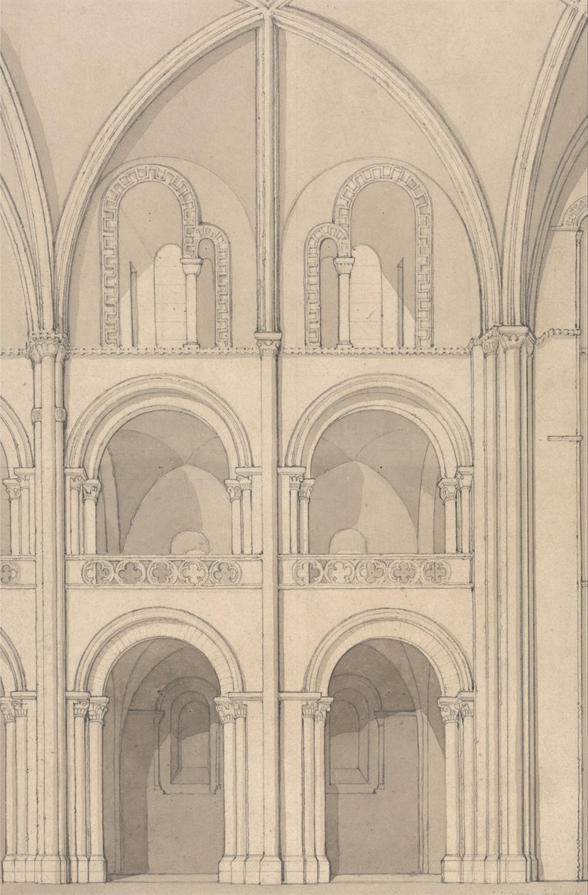 Elevação em perspetiva de parte da igreja da abadia de Santo Estêvão em Caen, Normandia de John Sell Cotman