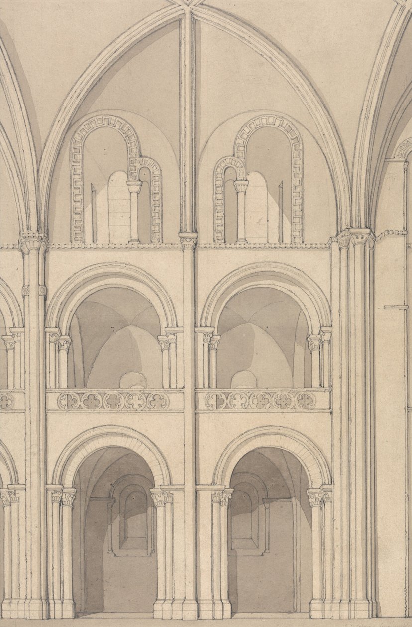 Alçado em perspectiva de uma parte da Igreja Abacial de Santo Estêvão, em Caen, na Normandia de John Sell Cotman