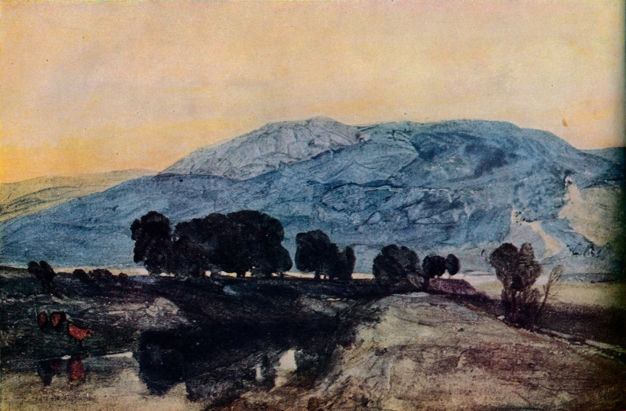 Paisagem rochosa, pôr do sol, século c19 de John Sell Cotman