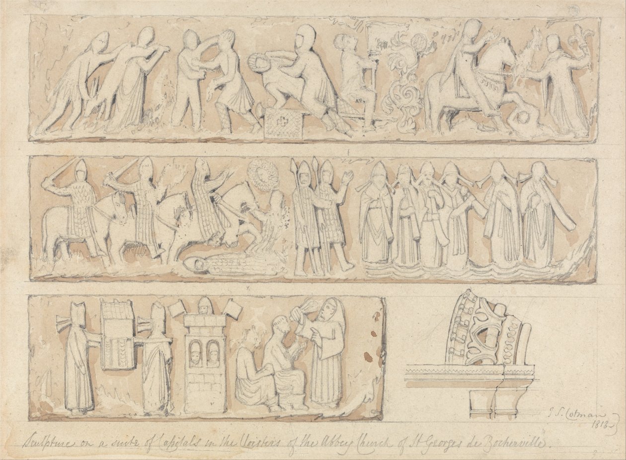 Escultura sobre um conjunto de capitéis nos claustros da igreja da abadia de Saint Georges de Bocherville, perto de Rouen, Normandia de John Sell Cotman