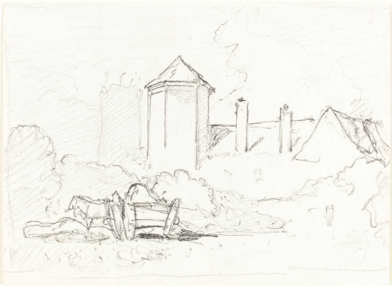 Esboço de edifícios com carrinho e cavalos em primeiro plano de John Sell Cotman