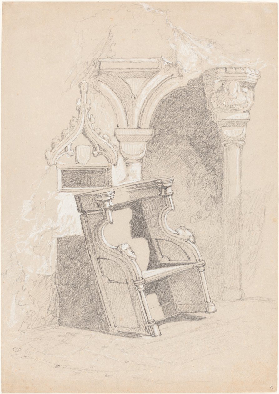 Esboço do interior da igreja em ruínas com cadeira de John Sell Cotman