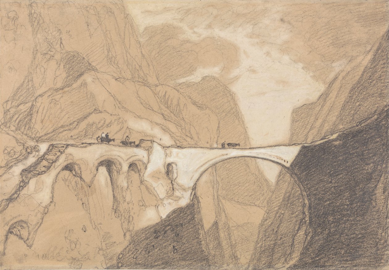 Viajantes que atravessam uma ponte sobre um desfiladeiro alpino de John Sell Cotman