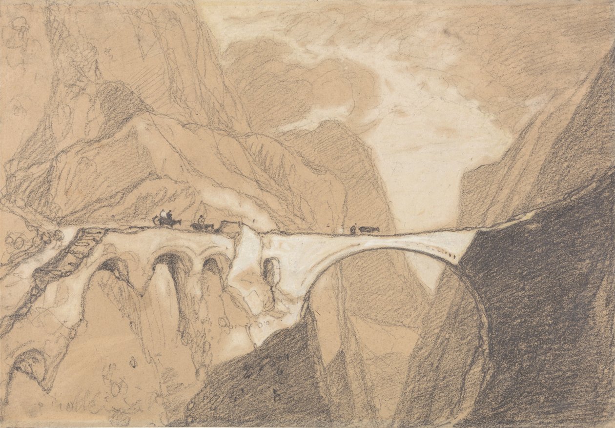 Viajantes a atravessar uma ponte sobre um desfiladeiro alpino de John Sell Cotman