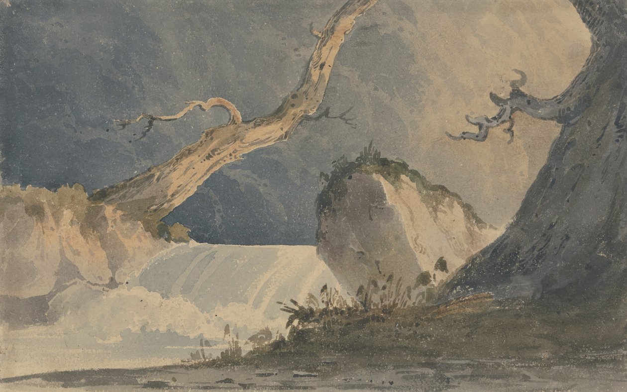 Cachoeira em uma paisagem deserta (aquarela sobre papel) de John Sell Cotman