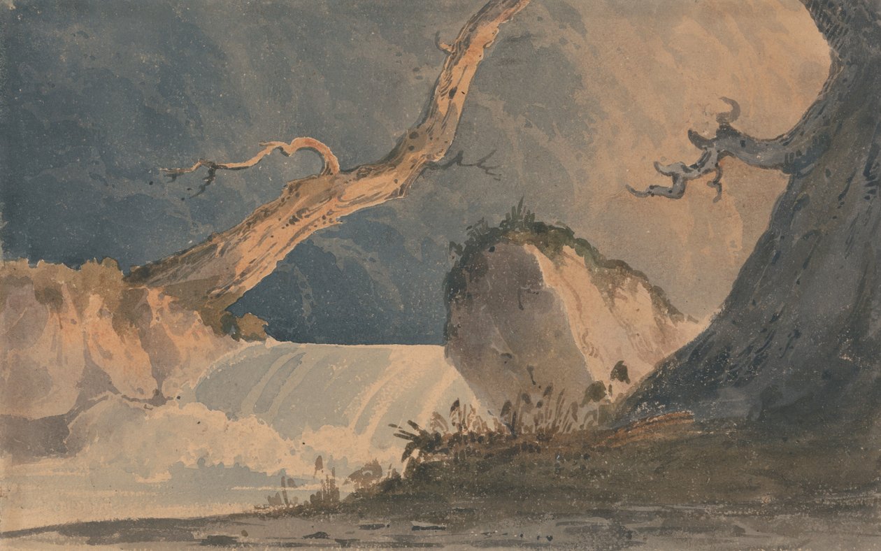 Cascata numa paisagem desolada de John Sell Cotman