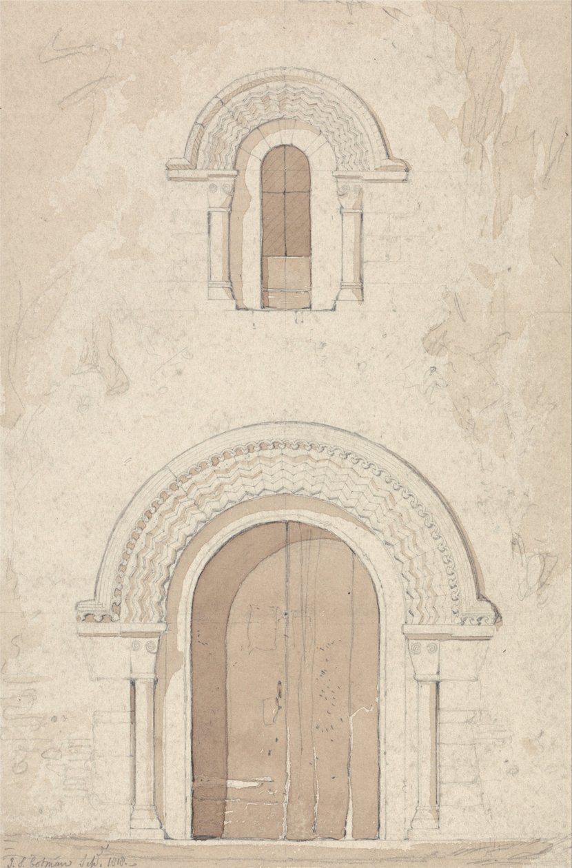 Porta e janela oeste da igreja de Ham, perto de Valognes, Normandia de John Sell Cotman