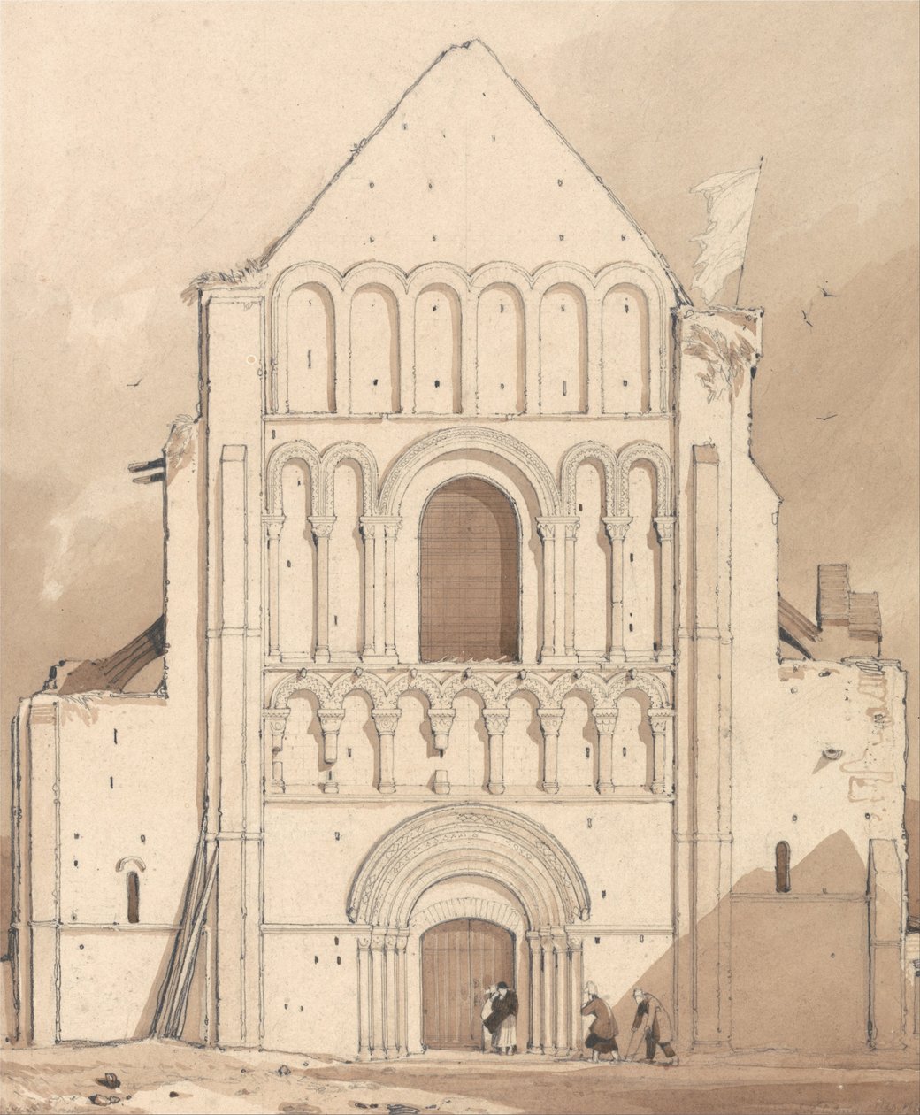 Frente oeste da igreja de Oyestraham [Ouistreham], perto de Caen, Normandia de John Sell Cotman