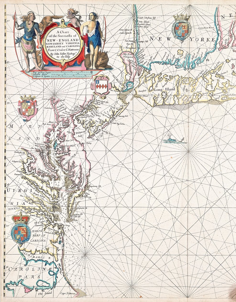 Uma carta das costas marítimas de Nova Inglaterra, Nova Jérsia, Virgínia, Maryland e Carolina, do Cabo Cod ao Cabo Hatteras de John Seller