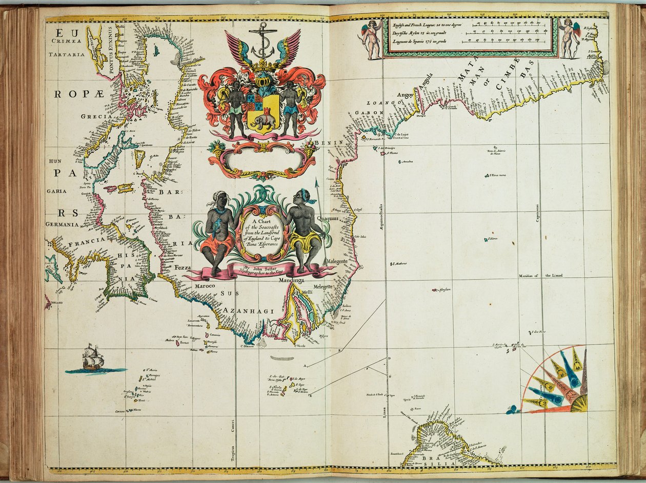 Uma carta das costas marítimas desde Landsend de Inglaterra até ao Cabo da Boa Esperança de John Seller