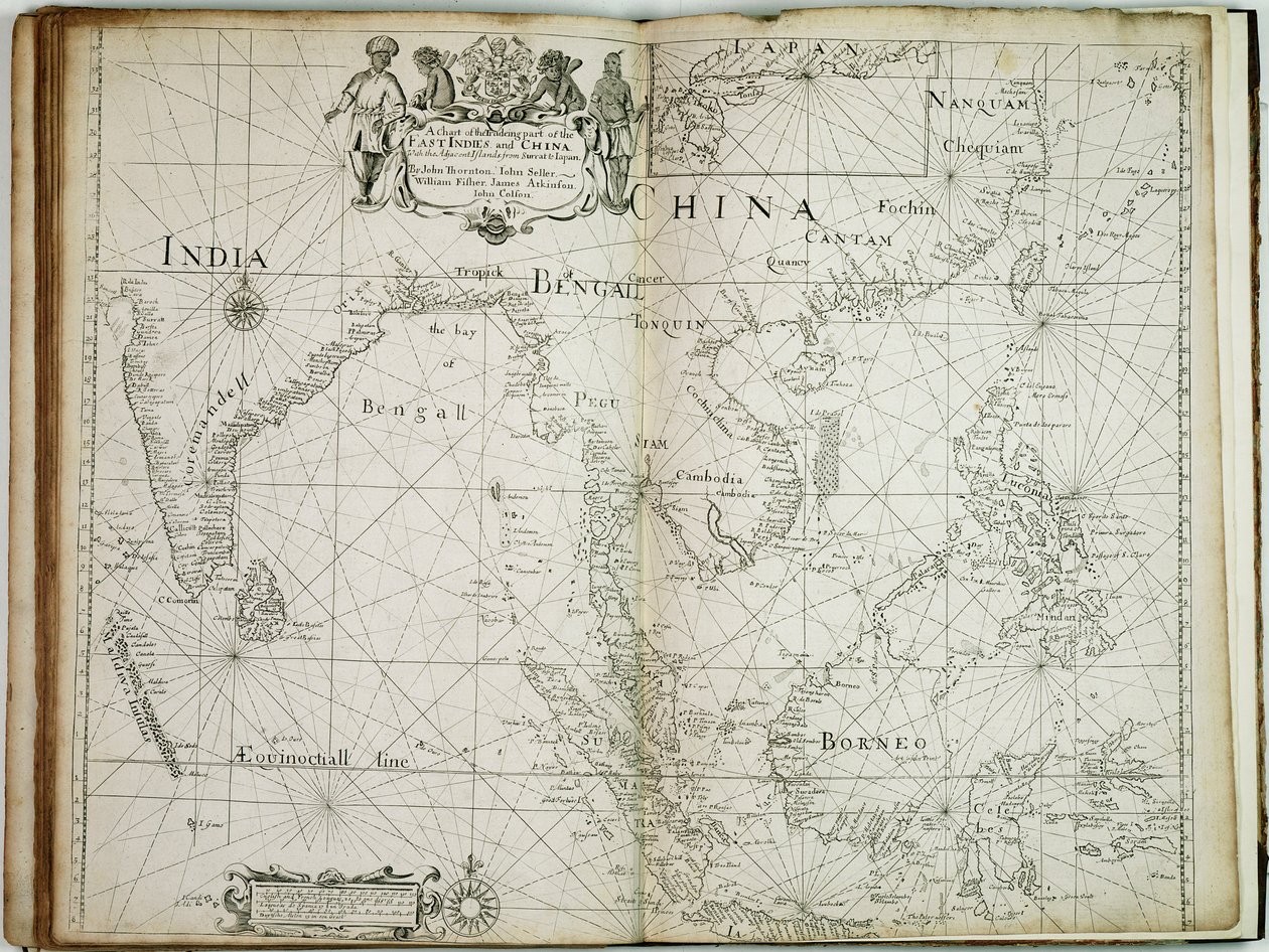 Uma carta da parte comercial das Índias Orientais e da China, com as ilhas adjacentes, de Surrat ao Japão de John Seller