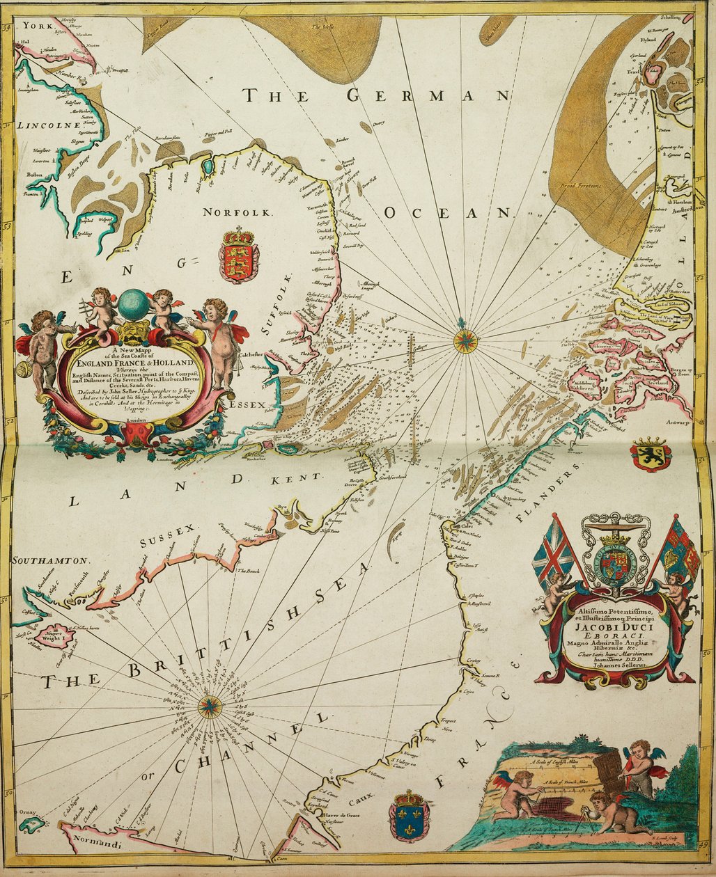 Um novo mapa das costas marítimas de Inglaterra, França e Holanda, onde se encontram os nomes ingleses, a situação, o ponto da bússola e a distância dos vários portos, ancoradouros, portos de abrigo, riachos e areias. de John Seller