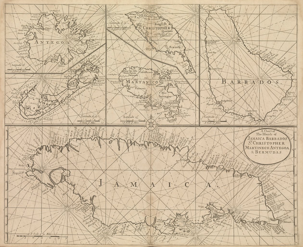 Carta da Jamaica, Barbados, São Cristóvão, Martinica, Antígua e Bermudas de John Seller