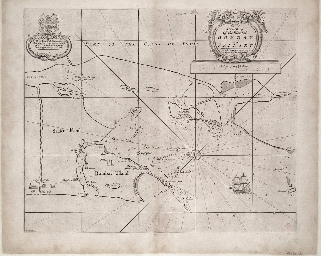 Mapa de Bombaim e Sallset de Samuel Thornton, hidrógrafo da Companhia das Índias Orientais, publicado pela primeira vez por volta de 1685 de John Seller