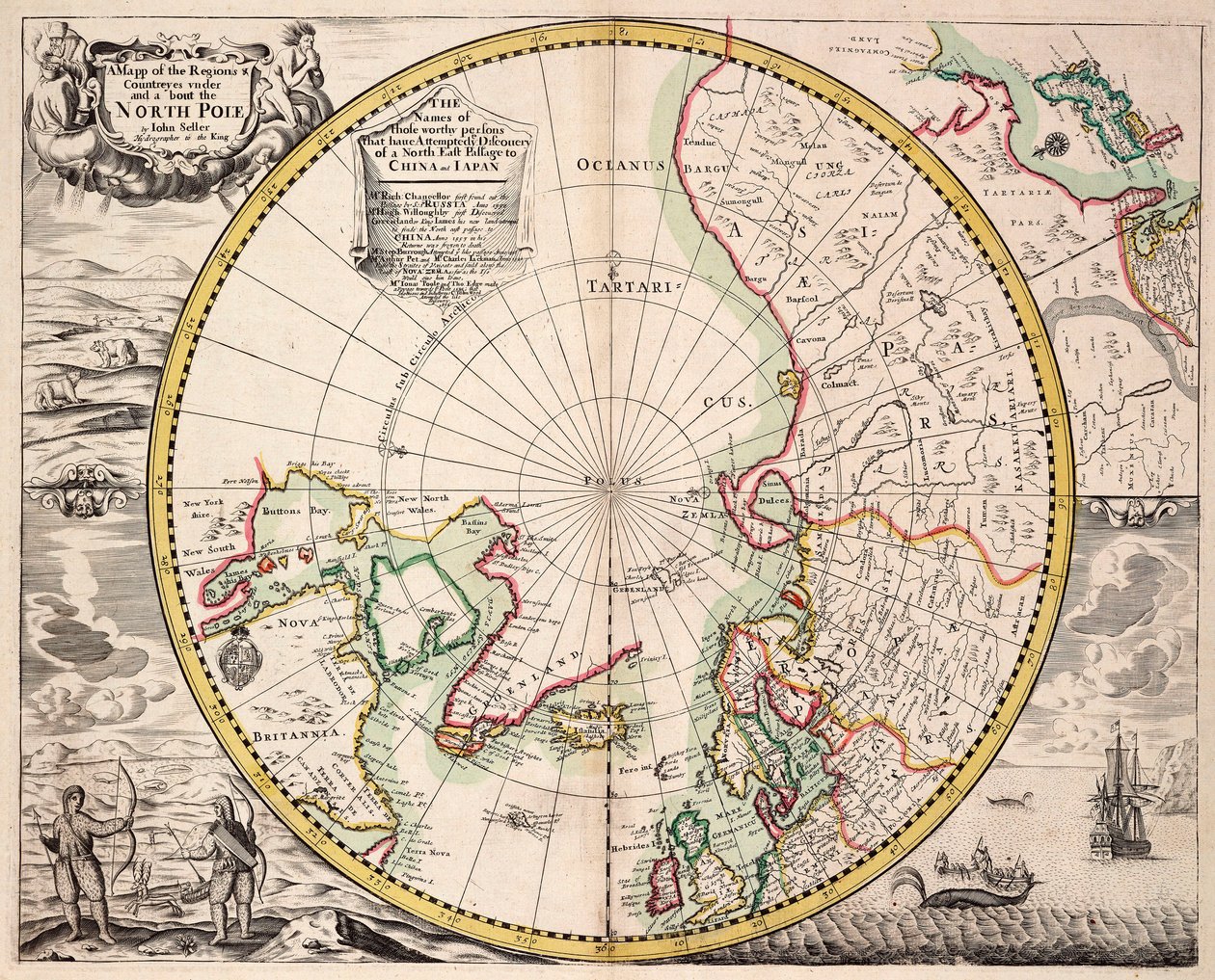 Mapa de projeção polar com o Círculo Polar Ártico, c.1680 (gravura a cores) de John Seller