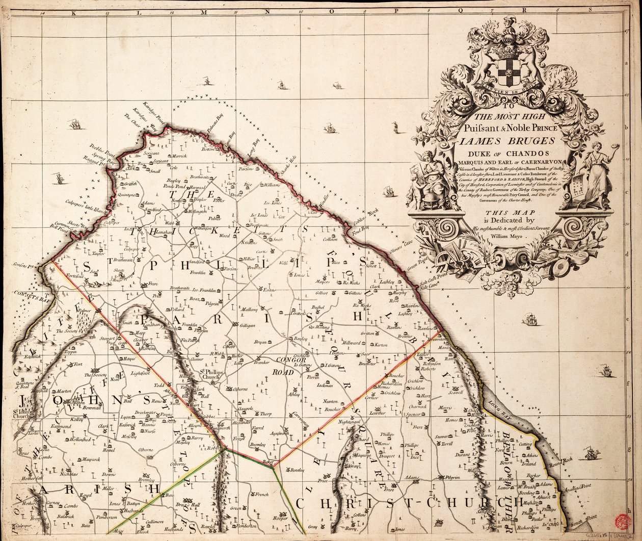 Um mapa novo e exato da ilha de Barbados na América de acordo com o levantamento feito nos anos 1717 a 1721 por William Mayo de John Senex