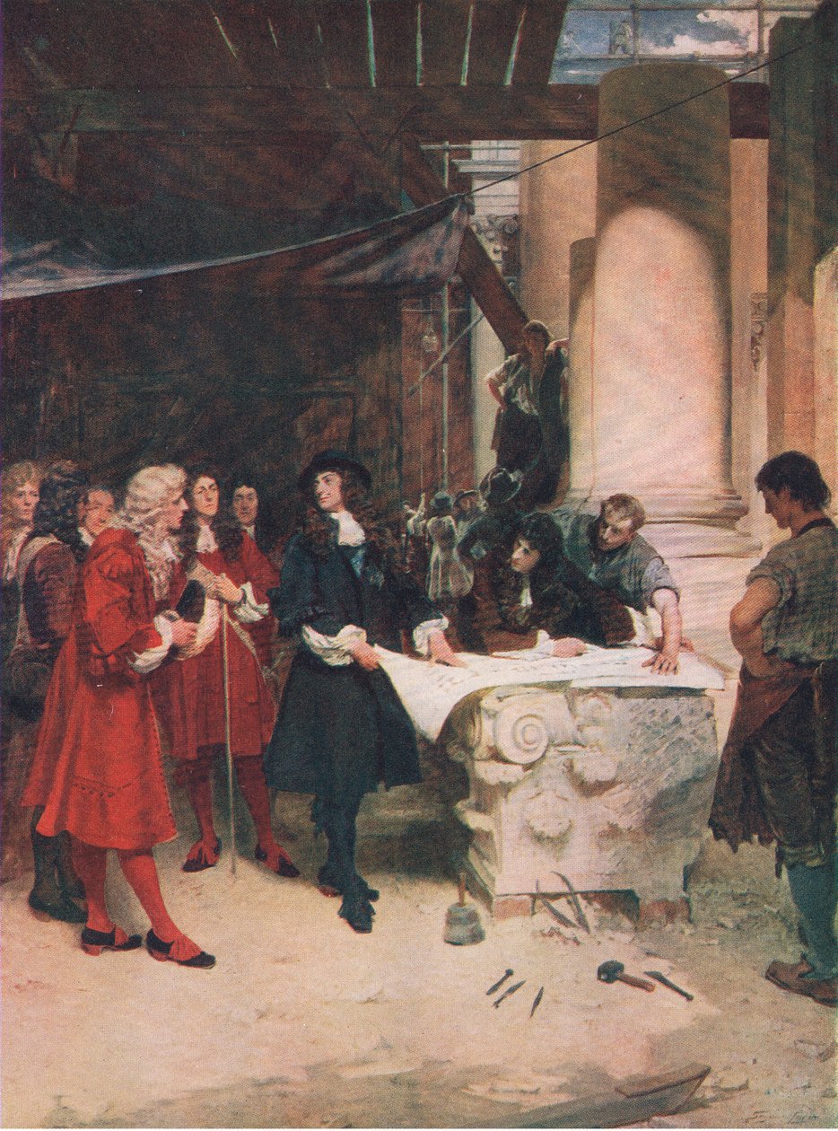 Visita do Rei Carlos a Wren durante a construção de St Pauls, ilustração de The History of the British People publicada por Waverley, c.1940 (litho) de John Seymour Lucas