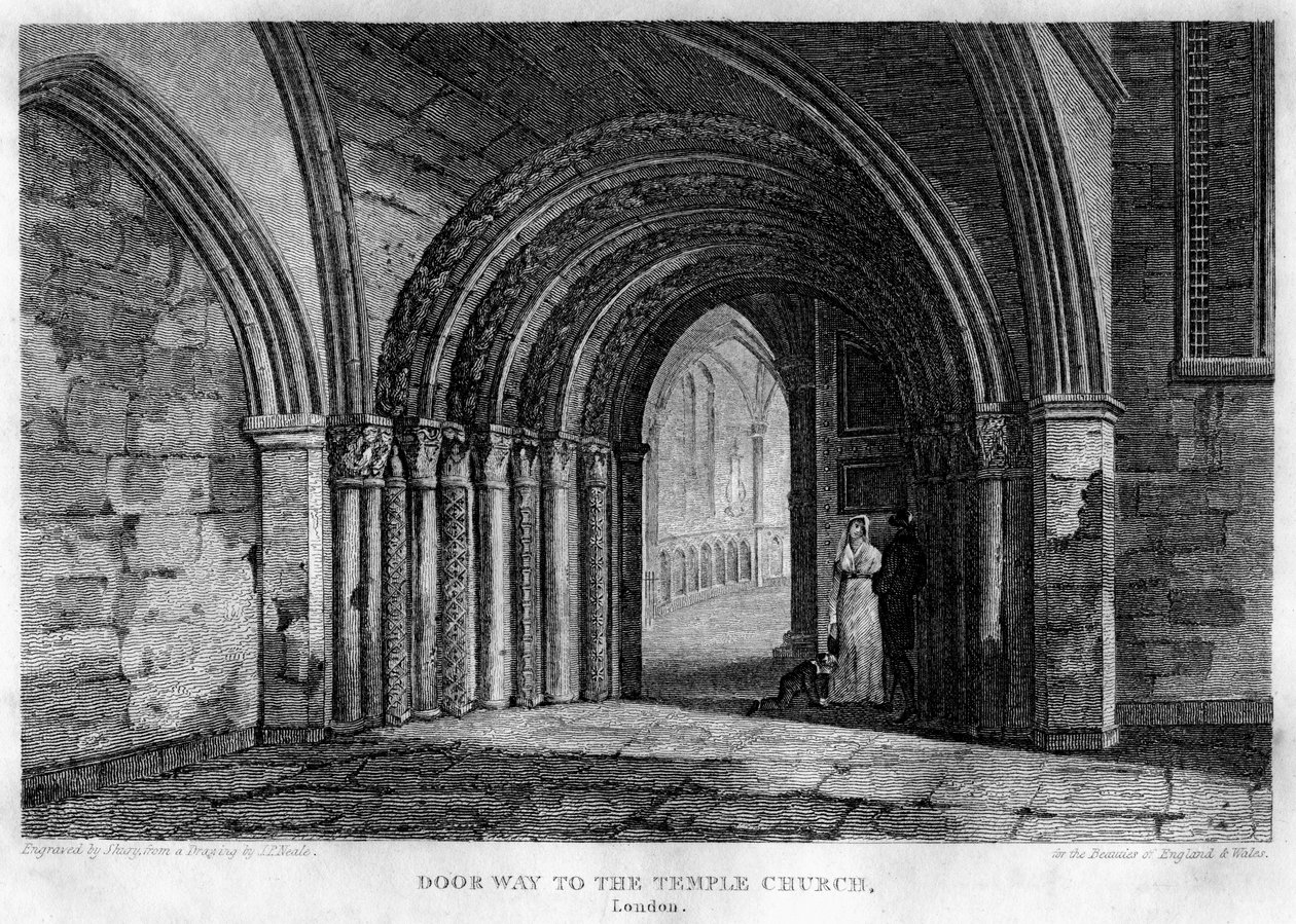 Entrada para a Igreja do Templo, Londres, 1815. de John Shury