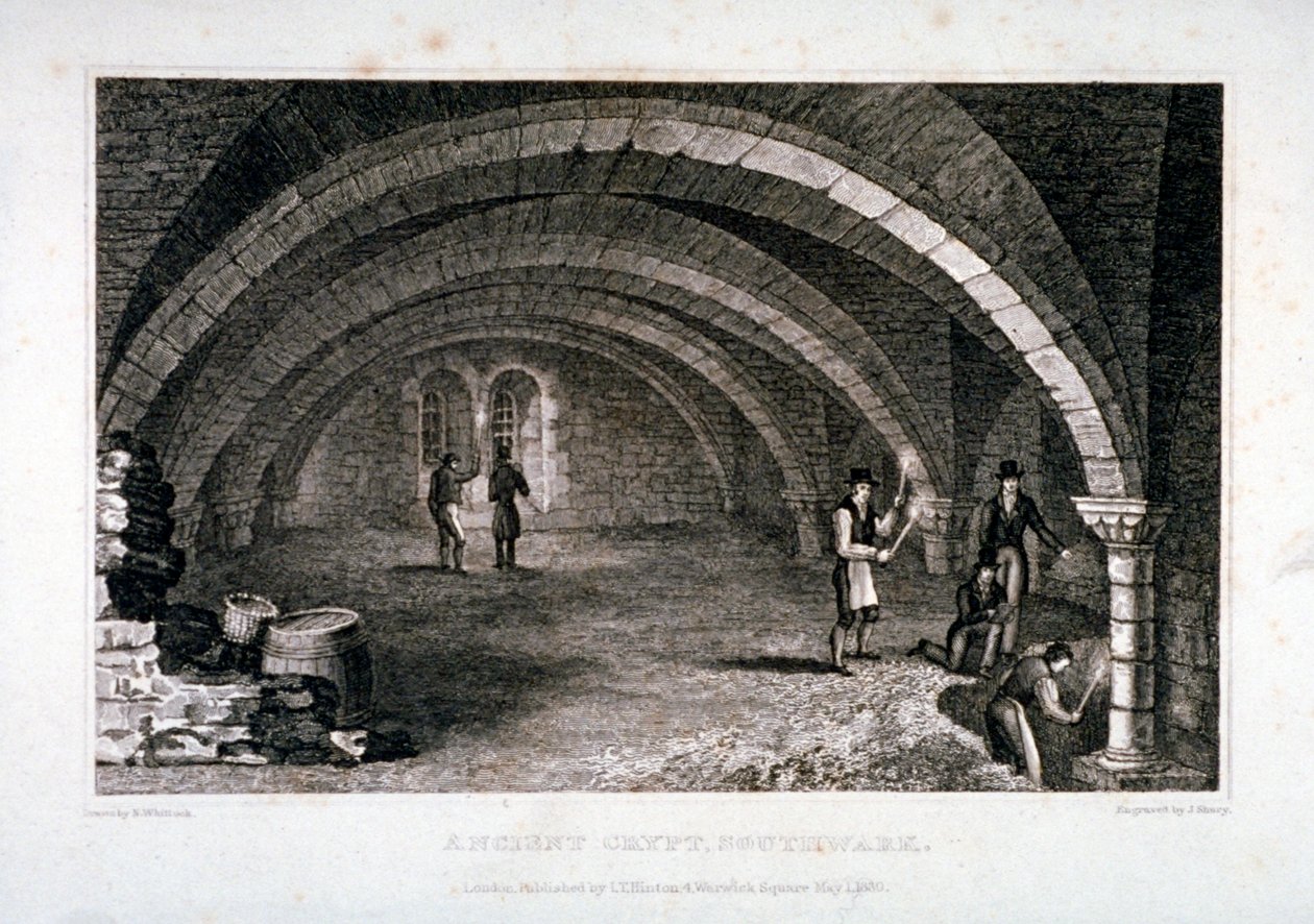 Vista interior da cripta, Igreja de São Salvador, Southwark, Londres, 1830. de John Shury
