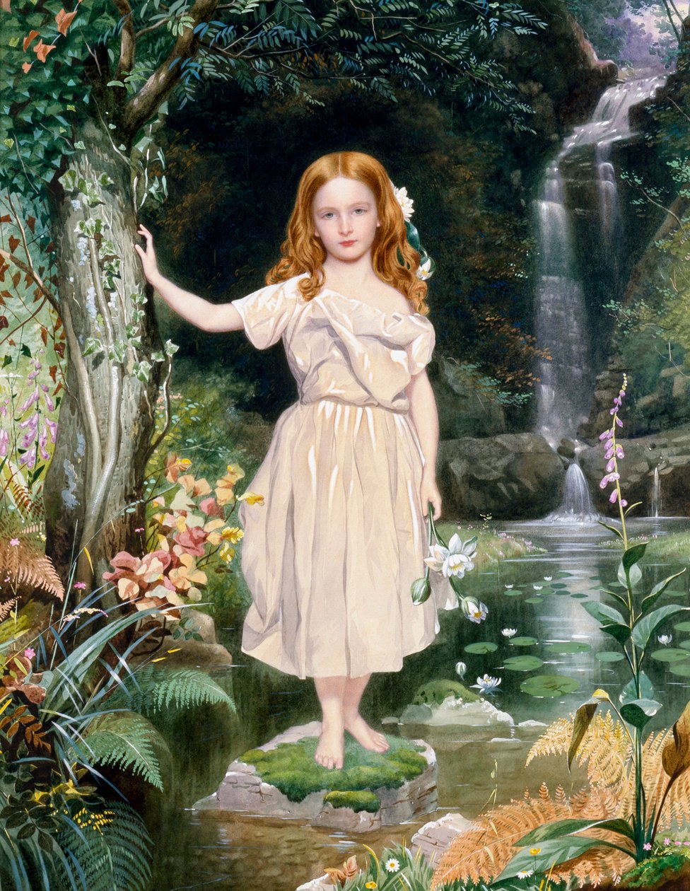 "Menina junto à cascata" Pintura de John Simmons II (1823-1876) (pré-rafaelita) de John Simmons