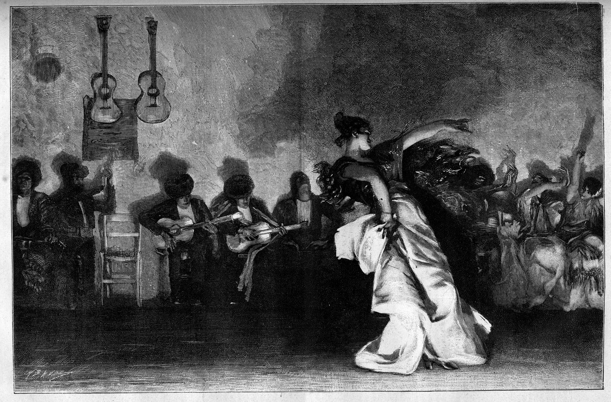 El Jaleo - Danças Ciganas. Guitarristas e dançarinos de flamenco. Gravura após a pintura de John Singer Sargent (1856-1925) em "The Illustrous World" n°1335 de 28 de outubro de John Singer (after) Sargent