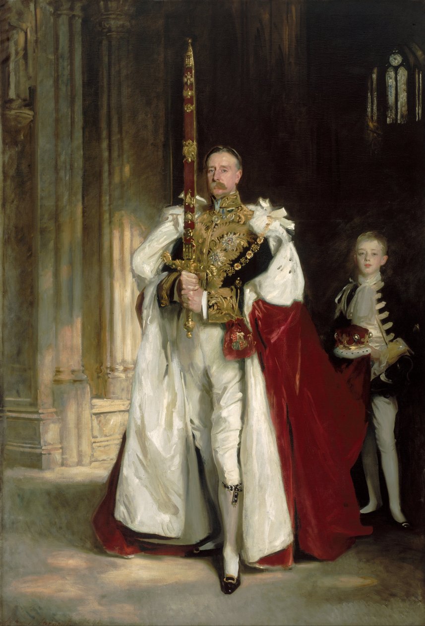 Charles Stewart, sexto marquês de Londonderry, transportando a Grande Espada de Estado na coroação do rei Eduardo VII, agosto de 1902, e o Sr. W. C. Beaumont, seu pajem nessa ocasião de John Singer Sargent