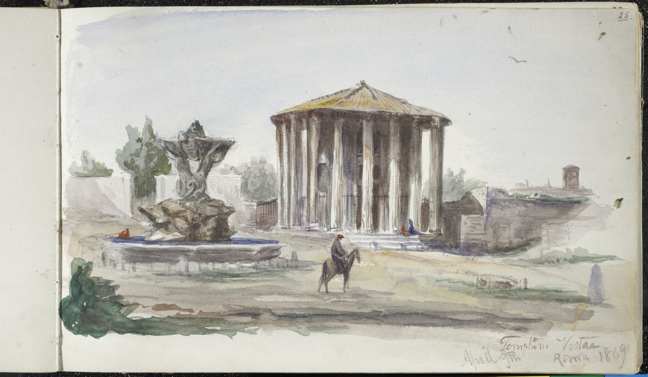 Paisagem com figuras, Templum Vestas, Roma, 9 de abril de 1869 (aquarela sobre grafite em papel tecido esbranquiçado) de John Singer Sargent