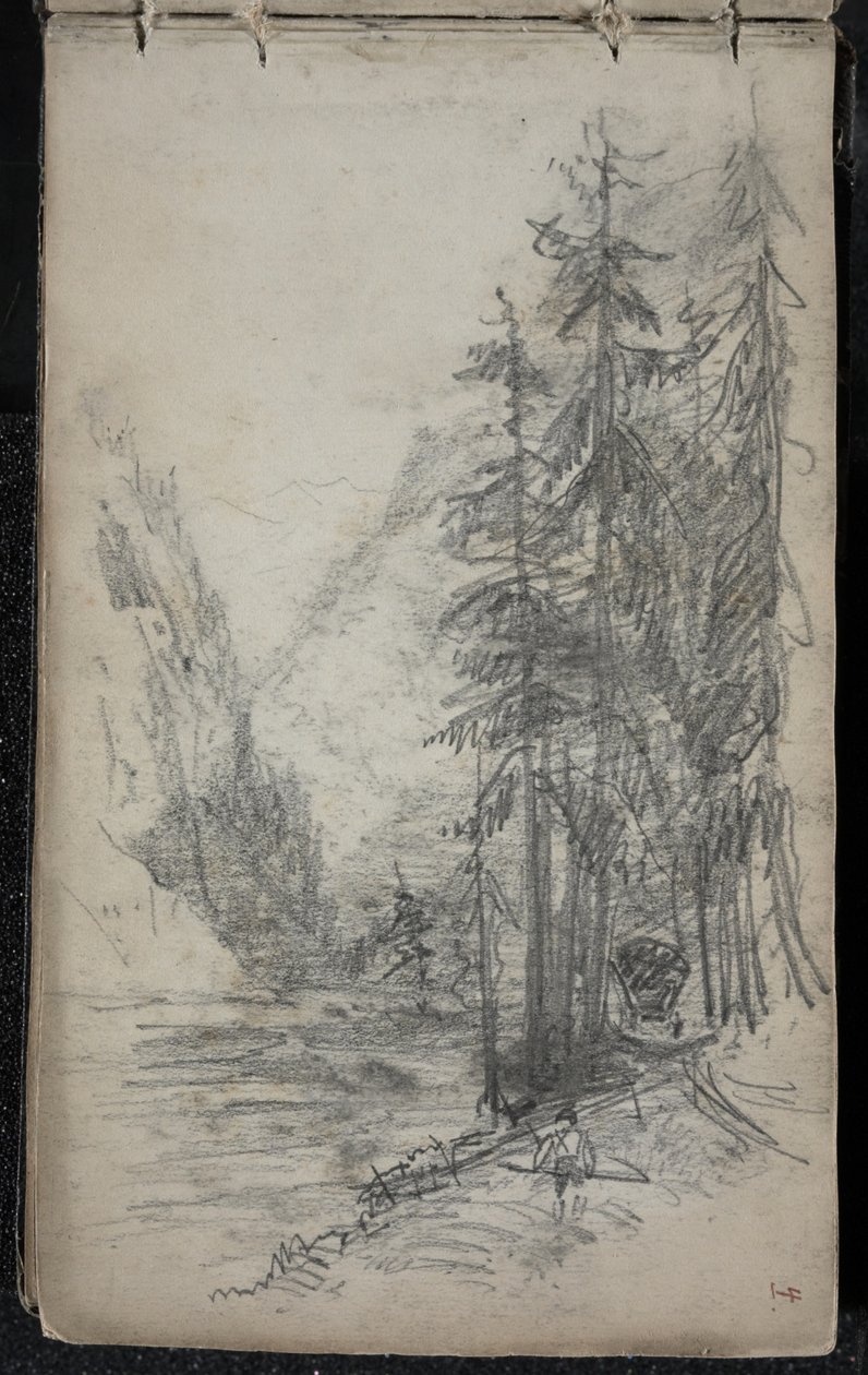 Paisagem montanhosa com árvores, 1871-72 (grafite sobre papel de cabide escurecido) de John Singer Sargent