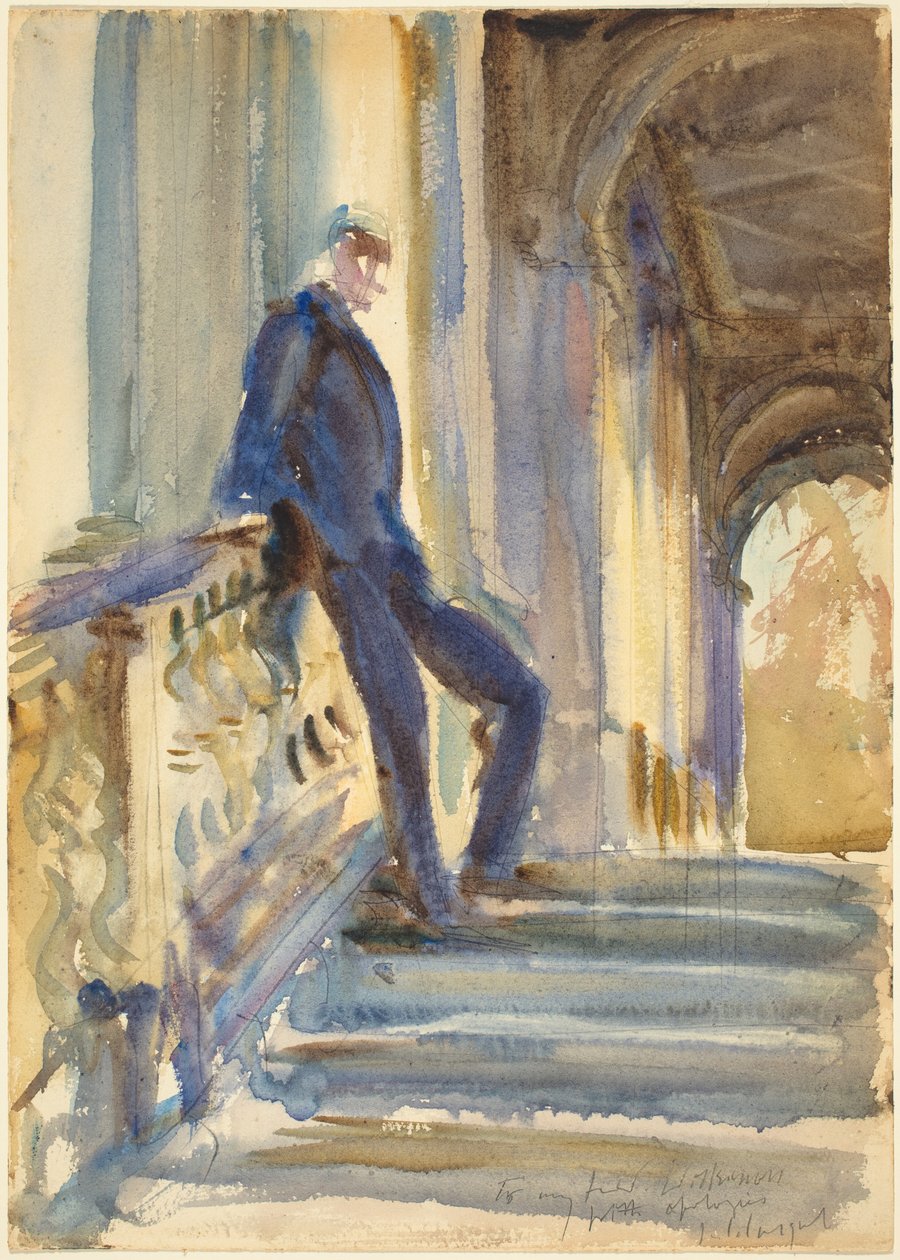 Sir Neville Wilkinson nos degraus da ponte Palladian em Wilton House, 1904-1905. de John Singer Sargent