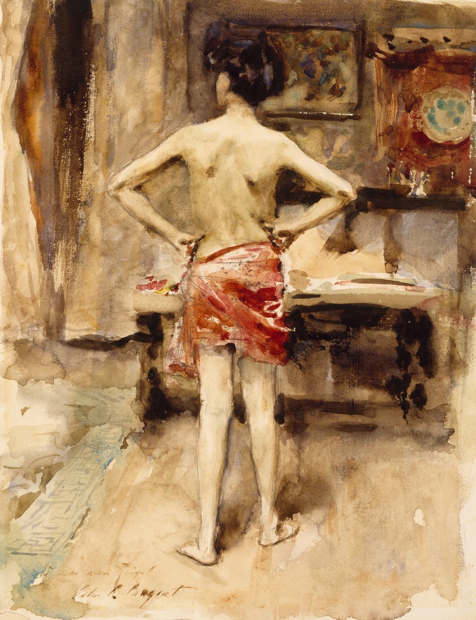 The Model, 1876 (wc sobre lápis de grafite em papel tecido) de John Singer Sargent