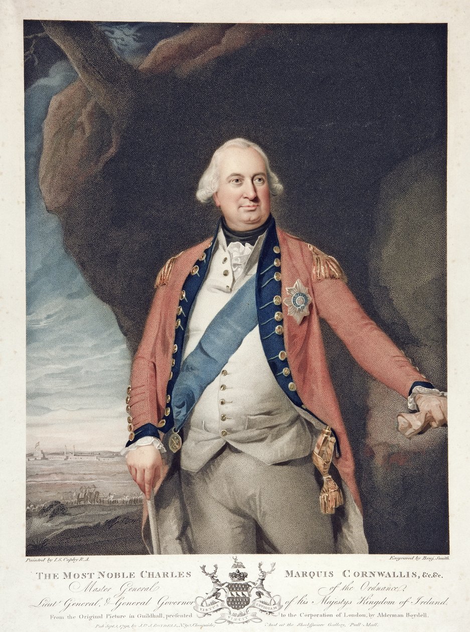O Muito Nobre Charles Marquês Cornwallis, pub. 1798 (gravura a cores) de John Singleton (after) Copley