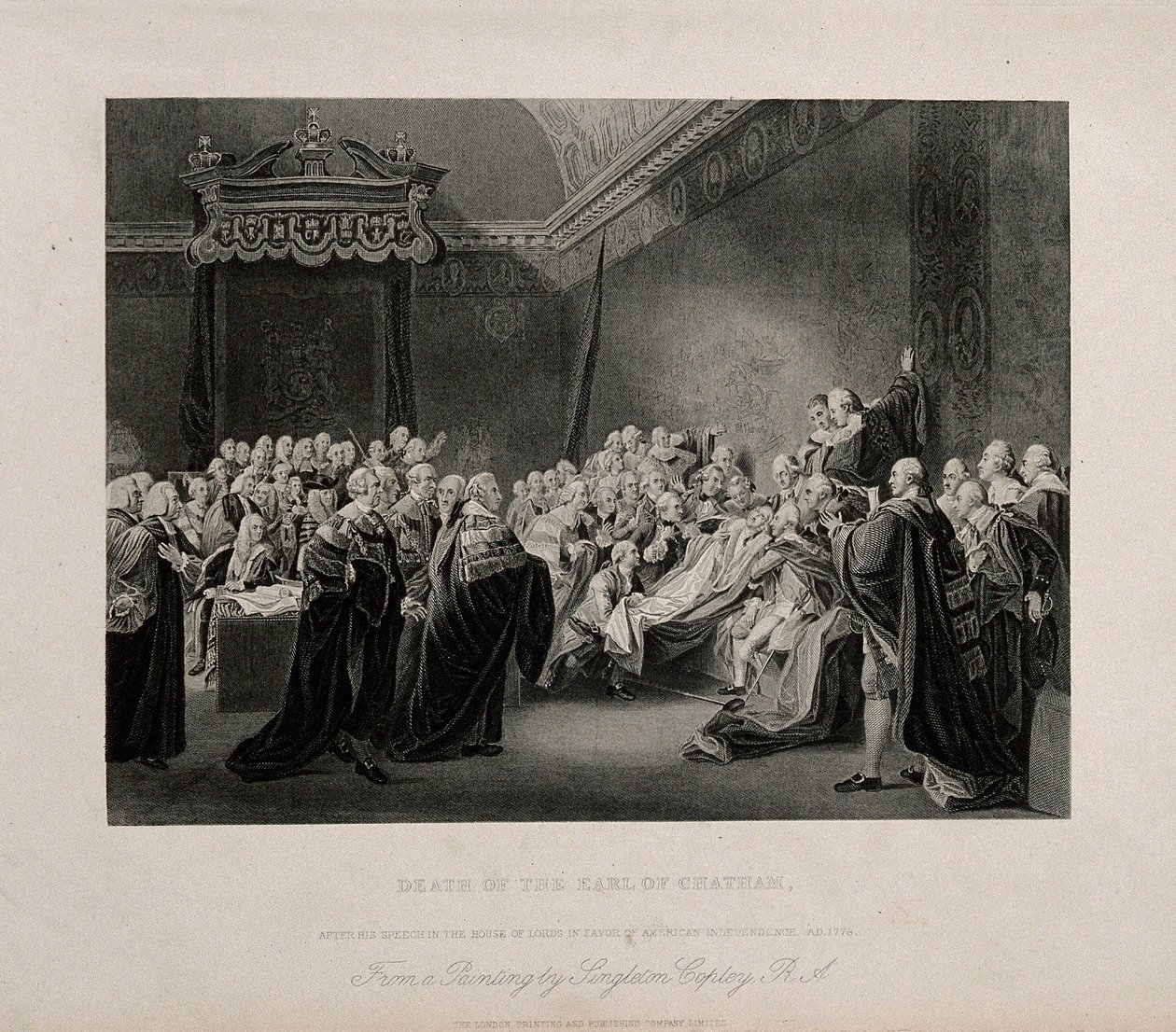 A morte de William Pitt, Lord Chatham, na Câmara Alta do Palácio de Westminster, em 1778. Gravura inspirada numa obra de J. Copley, de 1779. de John Singleton Copley