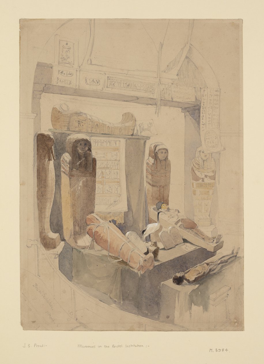 Múmias no Instituto Bristol, c.1834 (aquarela e lápis sobre papel) de John Skinner Prout