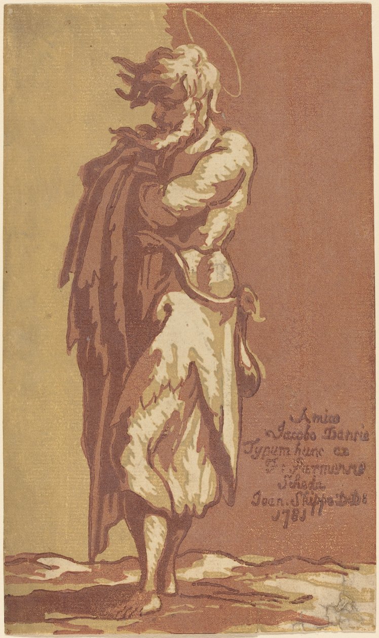 Santo masculino em pé, com os braços cruzados, virado para a esquerda de John Skippe after Parmigianino