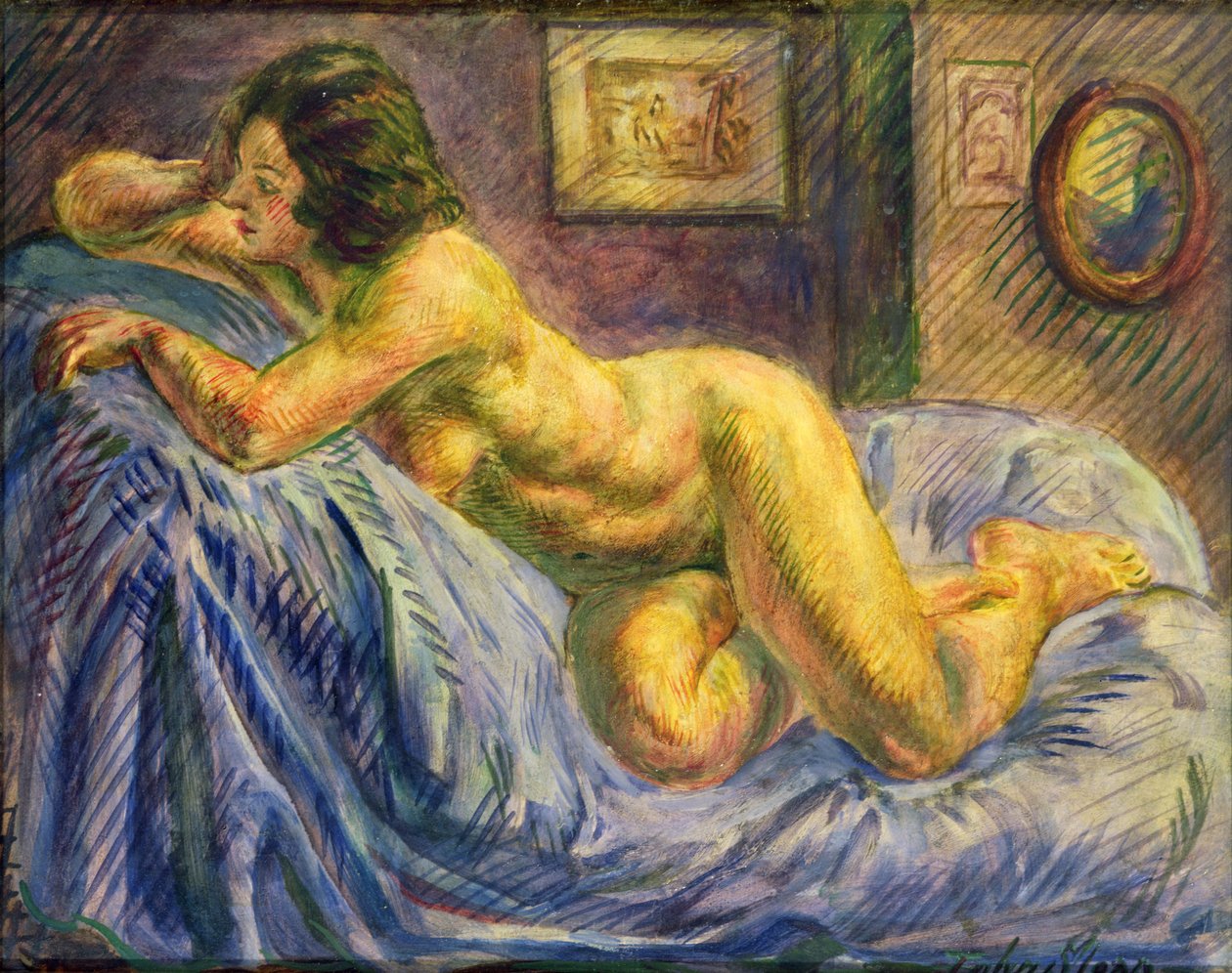 Nu sobre azul (óleo sobre painel) de John Sloan