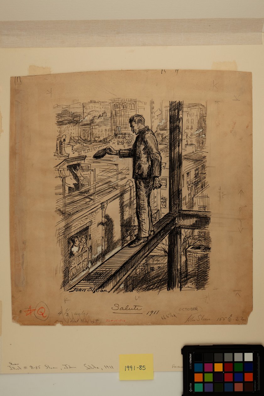 Salute, c.1911 (tinta, carvão e tinta branca de zinco sobre papel) de John French Sloan