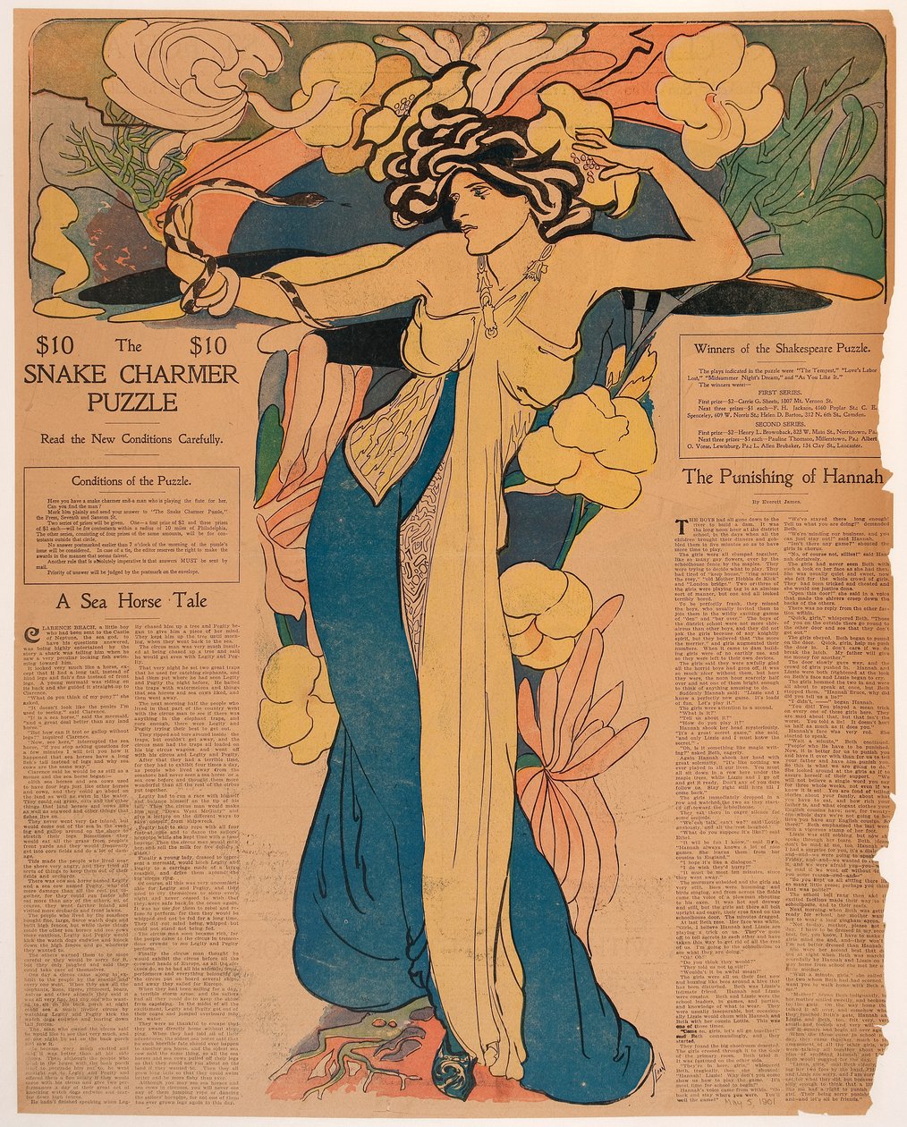 Snake Charmer Puzzle (tinta e aguarela, reprodução de linhas de cor) de John French Sloan