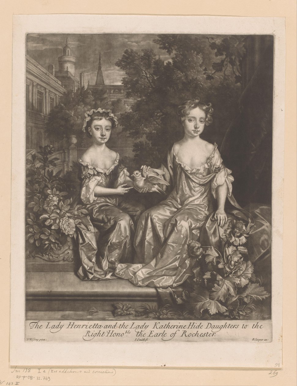 Portret van Henrietta e Katherine Hyde conheceu een duif A Lady Henrietta e a Lady Katherine Hide Daughters to the / Right Honorable the Earle of Rochester (título no objeto) de John Smith