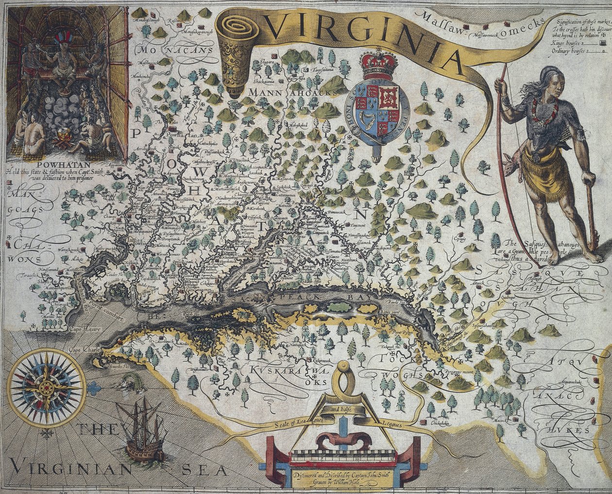 Mapa da Virgínia: Inset (canto superior esquerdo) mostrando o interior da cabana do chefe indiano Powathan, por John Smith (1580-1631) de John Smith