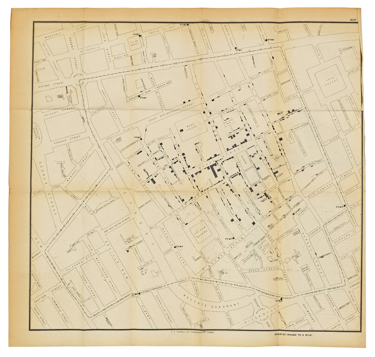 Um mapa de "Sobre o modo de comunicação do cólera", 1855 de John Snow